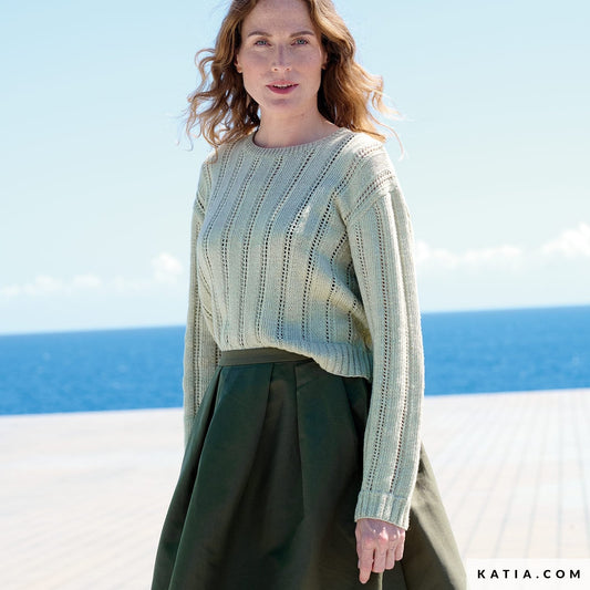 無料パターン｜透かし模様セーターの編み方（Katiaエクストラファイン365）