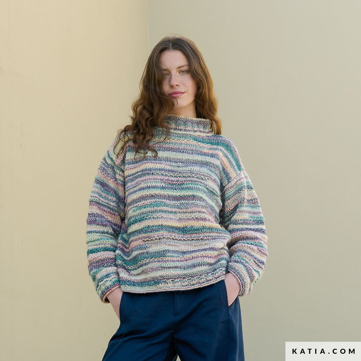 模様編み ハイネックプルオーバー キット （毛糸とダウンロードパターン付き）Katia カティア 【即日発送】
